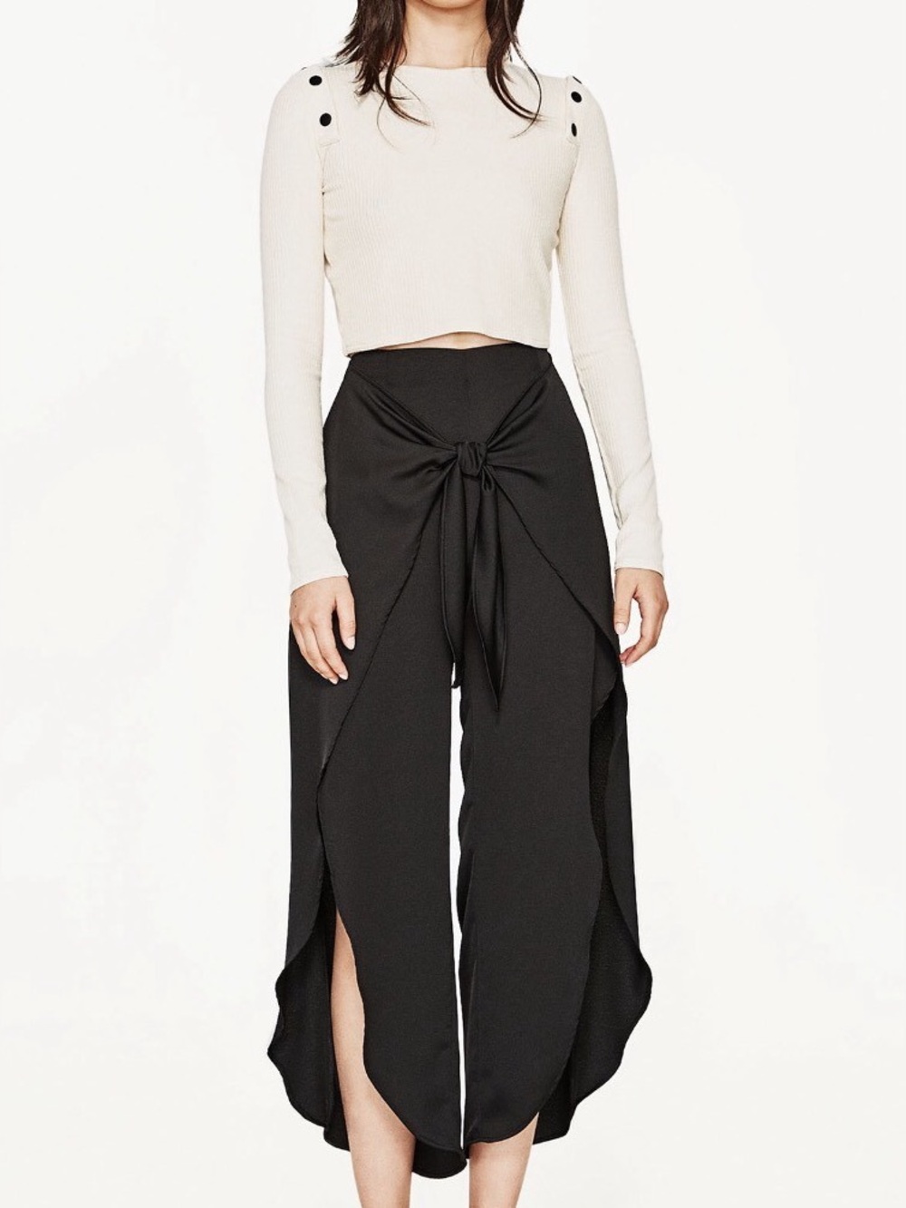 Zara Women's Black Tie-Front slit wide leg pants